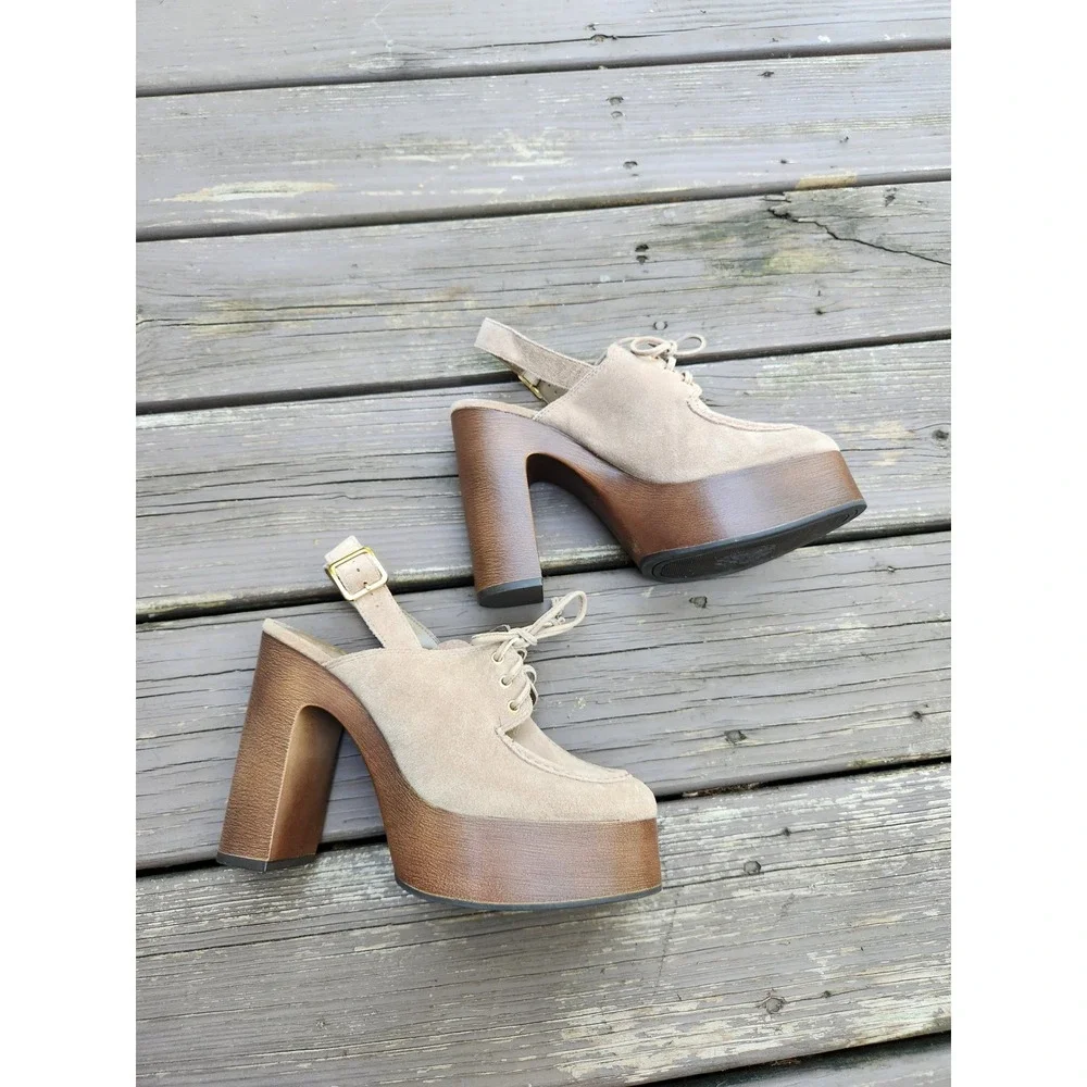 Vince Camuto Inerta Platform Sandals Tan Suede Wood Block‎ Heel Lace Up 8M